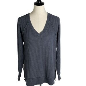Time and Tru Womens Waffle Knit V-Neck Pullover Top Dark Gray Large 12-14